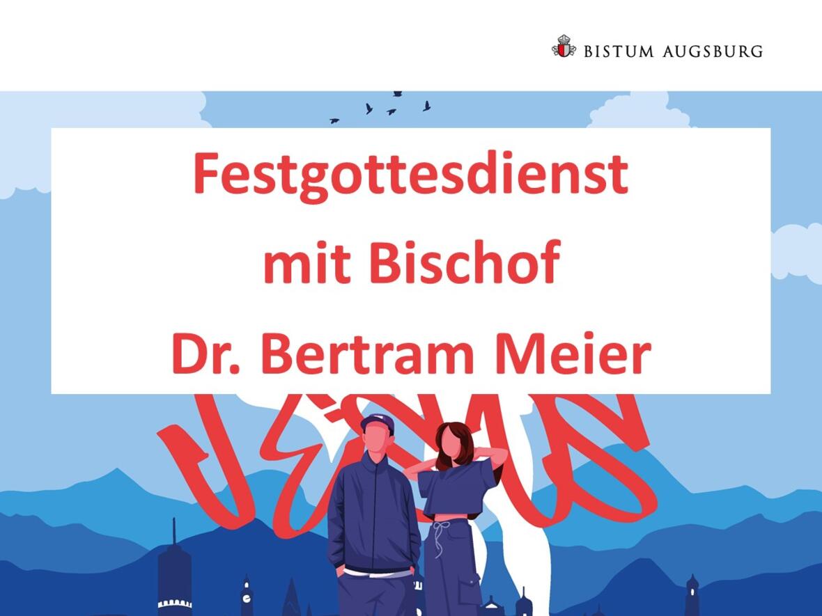 Festgottesdienst mit Bischof Dr. Bertram Meier, Motto: "Jesus - der Held in dir", farbenfrohes Grafikdesign.