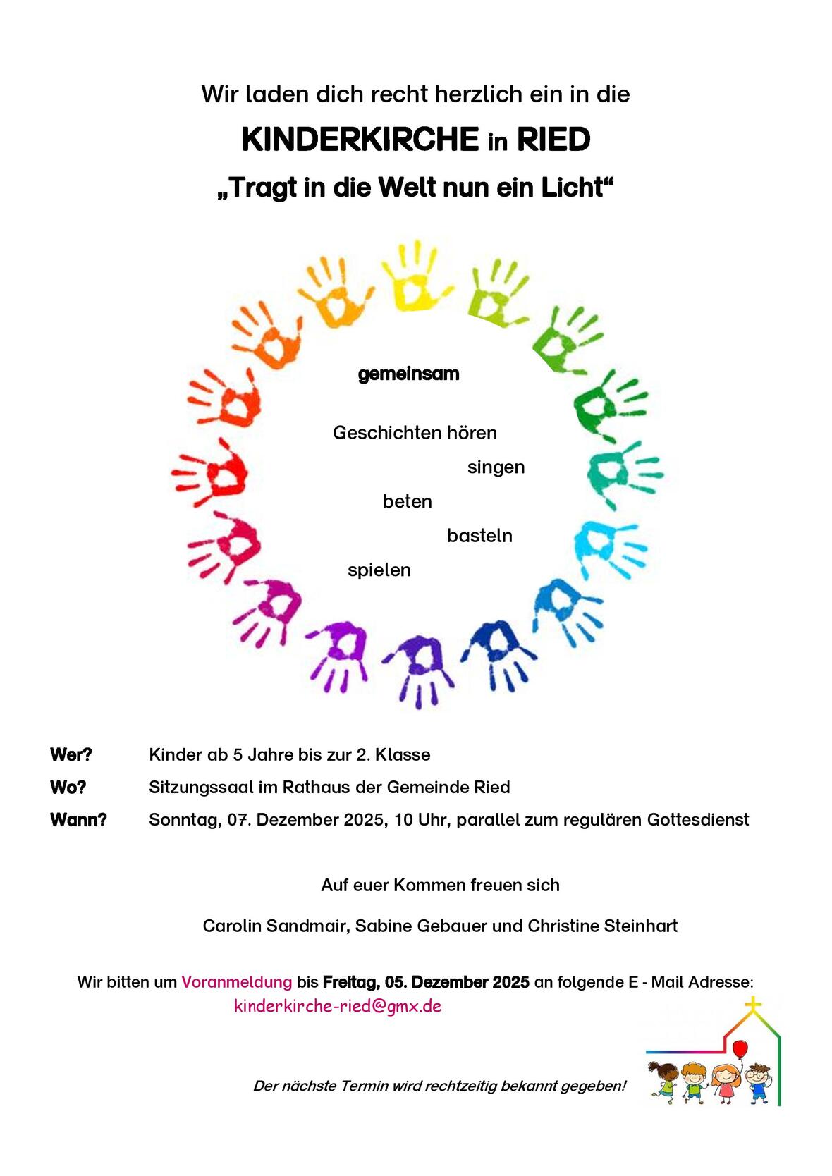 Bunte Hände im Kreis um das Wort "gemeinsam"; Infos zur Kinderkirche am 07. Dezember 2025 in Ried.