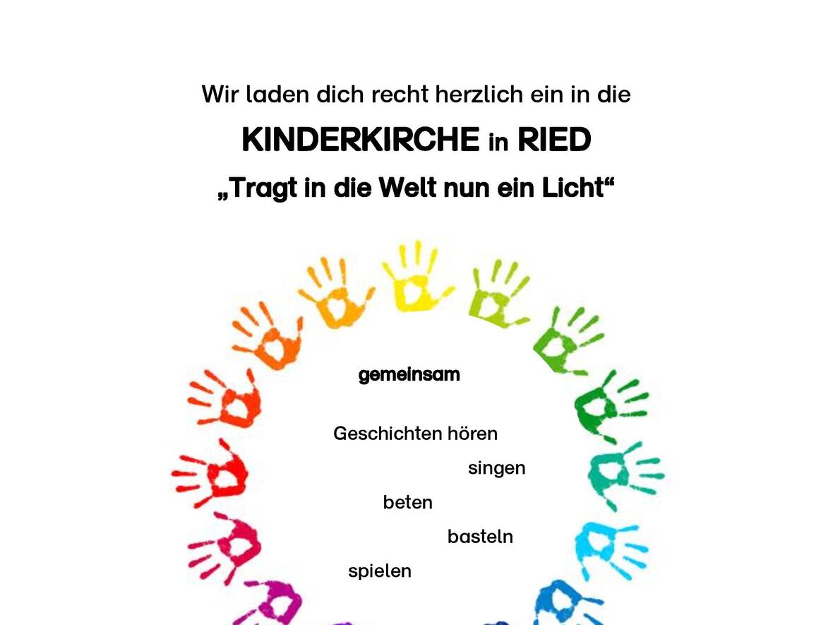 Bunte Hände im Kreis um das Wort "gemeinsam"; Infos zur Kinderkirche am 07. Dezember 2025 in Ried.